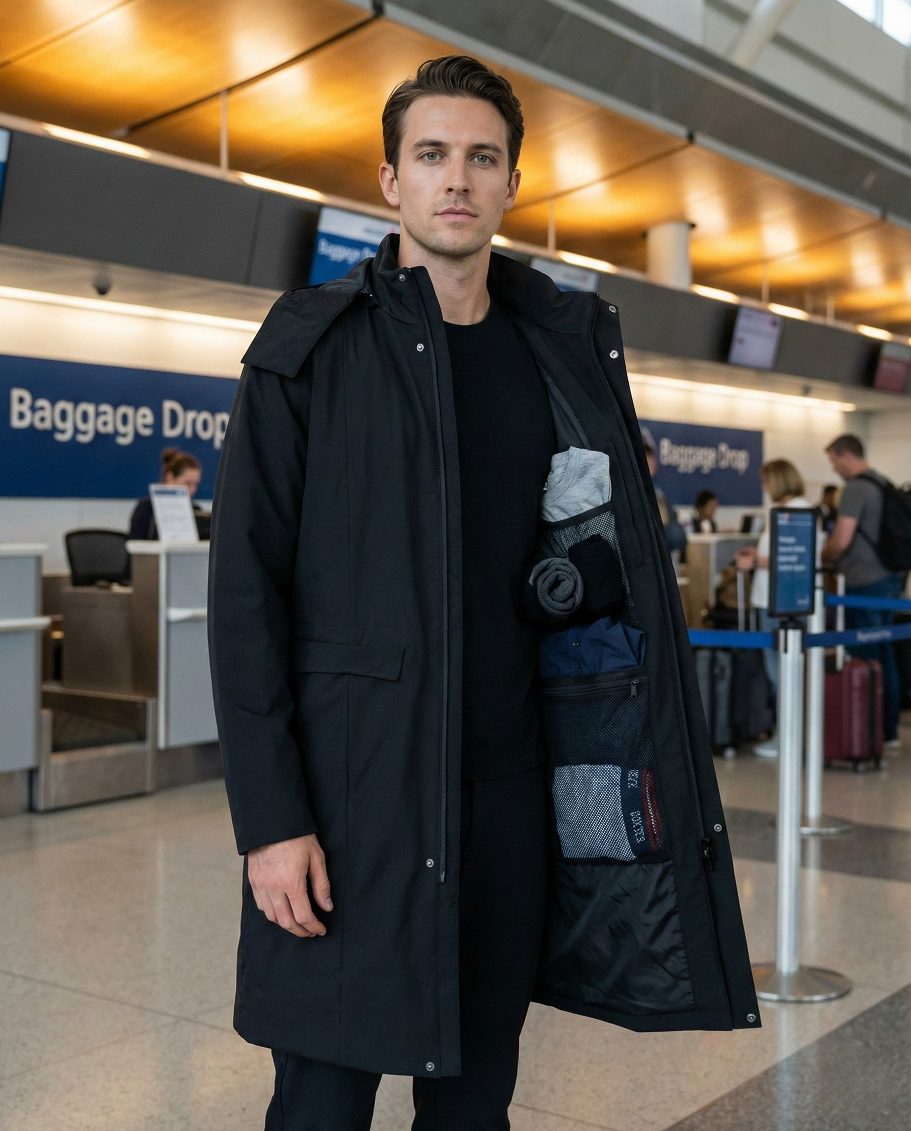 Man in a long black coat with pockets open, revealing items, in an airport setting.